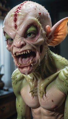 solo,looking at viewer,open mouth,1boy,nipples,green eyes,upper body,male focus,teeth,tongue,indoors,tongue out,blurry,wet,no humans,saliva,blurry background,colored skin,fangs,abs,sharp teeth,veins,monster,realistic,scales,green skin,dripping,pointy ears,artist name,makeup,muscular,pectorals,monster girl,nose,bald,alien,horror (theme)