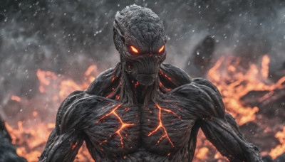 solo, looking at viewer, 1boy, upper body, male focus, muscular, glowing, fire, glowing eyes, alien, kaijuu