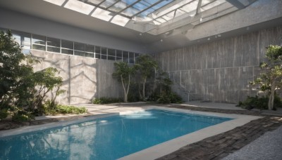 outdoors,sky,day,cloud,indoors,water,tree,no humans,window,sunlight,plant,building,scenery,reflection,fence,tiles,pool,bush,grass,rain