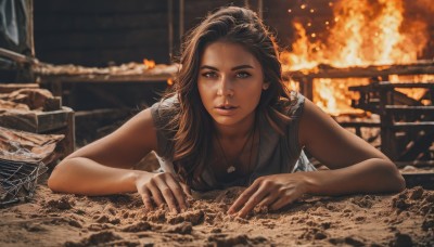 1girl,solo,long hair,looking at viewer,blue eyes,brown hair,black hair,brown eyes,jewelry,upper body,parted lips,sleeveless,dark skin,necklace,blurry,dark-skinned female,lips,blurry background,table,fire,freckles,realistic,fireplace,lying,water,denim,on stomach