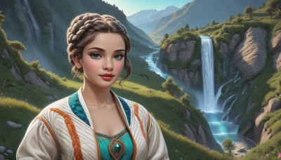 1girl,solo,breasts,looking at viewer,smile,short hair,blue eyes,brown hair,cleavage,jewelry,collarbone,upper body,braid,earrings,outdoors,day,artist name,water,hair bun,tree,lips,makeup,watermark,single hair bun,grass,lipstick,nature,scenery,rock,mountain,realistic,nose,red lips,crown braid,river,waterfall,lake,dress,medium breasts,closed mouth,flower,small breasts,signature,plant,gem,french braid,forehead,eyeshadow,freckles,updo