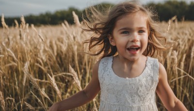 1girl,solo,looking at viewer,smile,short hair,open mouth,blue eyes,brown hair,hat,dress,upper body,outdoors,teeth,sleeveless,day,white dress,blurry,sleeveless dress,blurry background,fangs,wind,child,sun hat,realistic,straw hat,female child,sundress,field,wheat,blonde hair,horror (theme),what