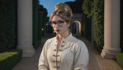 1girl,solo,looking at viewer,short hair,brown hair,shirt,long sleeves,brown eyes,jewelry,white shirt,upper body,braid,earrings,outdoors,parted lips,sky,glasses,day,hair bun,black eyes,lips,night,single hair bun,crown,plant,black-framed eyewear,realistic,round eyewear,bush,pillar,arch,column,blue eyes,mole,buttons,tiara,nose