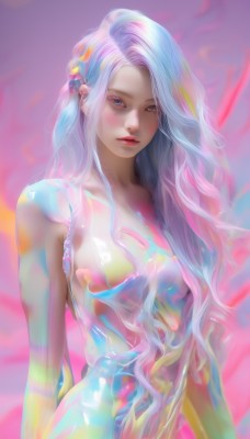 1girl,solo,long hair,breasts,looking at viewer,blush,blue eyes,medium breasts,closed mouth,blue hair,upper body,white hair,nude,multicolored hair,small breasts,lips,makeup,wavy hair,purple background,arms at sides,red lips,colorful,hair ornament,dress,bare shoulders,very long hair,pink hair,parted lips,eyelashes,watermark,pink lips,realistic