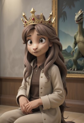 1girl,solo,long hair,smile,brown hair,shirt,long sleeves,brown eyes,sitting,very long hair,closed mouth,jacket,open clothes,collared shirt,pants,artist name,indoors,buttons,thick eyebrows,own hands together,crown,freckles,looking at viewer,bangs,open jacket,lips,parted bangs,brown shirt,painting (object),dinosaur