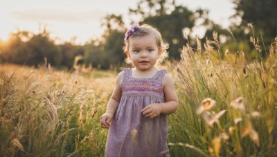 1girl,solo,looking at viewer,short hair,blue eyes,hair ornament,dress,standing,flower,grey hair,outdoors,sleeveless,hair flower,blurry,lips,sleeveless dress,depth of field,grass,child,purple dress,realistic,female child,field,blonde hair