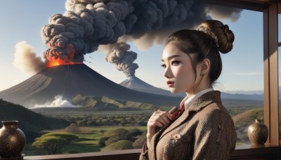 1girl,solo,brown hair,black hair,brown eyes,jewelry,upper body,earrings,outdoors,parted lips,necktie,sky,day,cloud,hair bun,black eyes,blue sky,lips,makeup,single hair bun,lipstick,hand on own chest,scenery,smoke,mountain,red lips,architecture,explosion,east asian architecture,japanese clothes,kimono,window,realistic