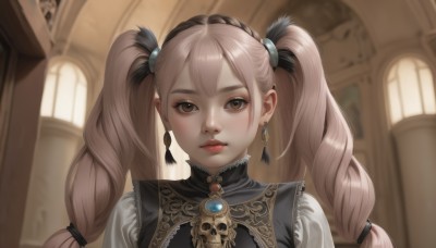 1girl,solo,long hair,looking at viewer,bangs,brown hair,hair ornament,dress,twintails,brown eyes,jewelry,closed mouth,upper body,pink hair,braid,earrings,indoors,blurry,lips,window,blurry background,feathers,gem,portrait,realistic,red lips,church,twin braids,brooch,nose