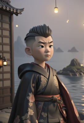 solo,short hair,black hair,1boy,closed mouth,standing,male focus,outdoors,japanese clothes,sky,hood,kimono,water,blurry,black eyes,hand on hip,sash,night,floral print,aged down,child,lantern,male child,architecture,east asian architecture,hair slicked back,brown eyes,upper body,artist name,cape,blurry background,hood down,robe,very short hair,mohawk