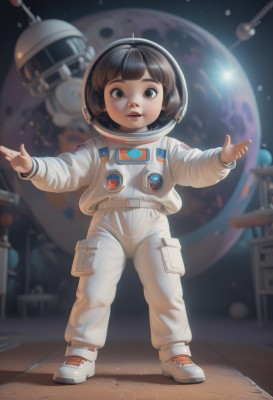 1girl,solo,looking at viewer,smile,short hair,open mouth,bangs,brown hair,black hair,brown eyes,standing,full body,parted lips,shoes,teeth,blunt bangs,blurry,helmet,child,floating,realistic,female child,space,planet,open hands,earth (planet),spacecraft,spacesuit,space helmet,astronaut,blurry background,moon,outstretched arms,star (sky),science fiction