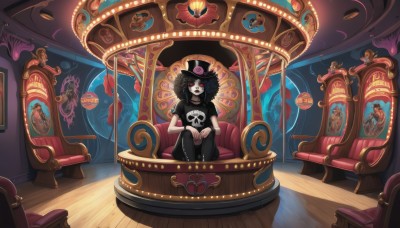 1girl,solo,long hair,looking at viewer,smile,shirt,black hair,red eyes,hat,dress,jewelry,sitting,short sleeves,choker,pants,indoors,necklace,black shirt,black headwear,glowing,black choker,chair,black pants,crossed legs,t-shirt,skull,top hat,wooden floor,print shirt,throne,gothic,skull print,short hair,closed mouth,flower,artist name,black dress,makeup,rose,own hands together,pale skin,black nails,couch,hat flower