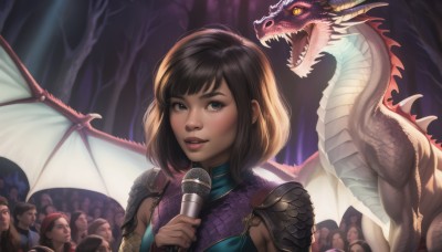 1girl,breasts,looking at viewer,smile,short hair,open mouth,bangs,blue eyes,brown hair,black hair,holding,brown eyes,yellow eyes,upper body,parted lips,wings,horns,teeth,solo focus,dark skin,medium hair,armor,dark-skinned female,tree,lips,makeup,sharp teeth,shoulder armor,nature,microphone,forest,6+boys,pauldrons,realistic,nose,dragon,scales,holding microphone,crowd,blush,multiple boys,eyelashes,music