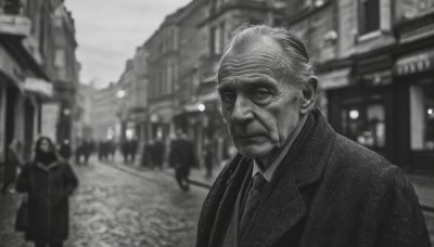 short hair,1boy,closed mouth,jacket,monochrome,upper body,greyscale,male focus,outdoors,multiple boys,necktie,solo focus,blurry,coat,depth of field,blurry background,facial hair,formal,suit,building,beard,city,realistic,old,old man,looking at viewer,shirt,collared shirt,scenery,snowing,road,street,old woman,wrinkled skin