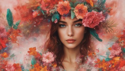 1girl,solo,long hair,looking at viewer,blue eyes,brown hair,hair ornament,closed mouth,collarbone,flower,hair flower,lips,eyelashes,makeup,leaf,lipstick,portrait,realistic,nose,red lips,feathers