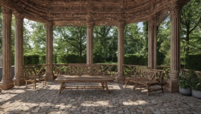 outdoors,sky,day,tree,no humans,shadow,chair,table,sunlight,plant,nature,scenery,stairs,railing,bench,bush,shade,pillar,column,grass,path,pavement,brick floor