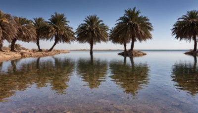 outdoors,sky,day,cloud,water,tree,blue sky,no humans,ocean,beach,scenery,reflection,sand,palm tree,horizon,shore,reflective water,signature,realistic