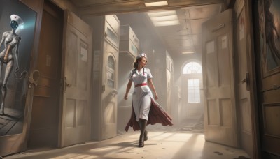 1girl,long hair,multiple girls,brown hair,hat,dress,2girls,standing,short sleeves,boots,indoors,window,bodysuit,sunlight,robot,walking,science fiction,nurse cap,door,android,nurse,cable,cyborg,hallway,thighhighs,belt,signature,hair bun,white dress,high heels,joints,wide shot,horror (theme),humanoid robot,red cross