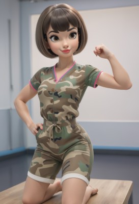 1girl,solo,breasts,looking at viewer,smile,short hair,open mouth,bangs,brown hair,shirt,brown eyes,full body,short sleeves,small breasts,shorts,barefoot,teeth,indoors,hand up,blurry,lips,hand on hip,kneeling,blurry background,bob cut,clenched hand,camouflage,green shorts,flexing,closed mouth,nail polish,arm up,makeup,thick eyebrows