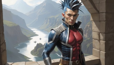 solo,looking at viewer,black hair,1boy,brown eyes,jewelry,blue hair,jacket,upper body,white hair,male focus,multicolored hair,earrings,outdoors,open clothes,belt,water,two-tone hair,streaked hair,bodysuit,muscular,scar,spiked hair,blue jacket,mountain,sky,day,pointy ears,armor,abs,realistic,mohawk