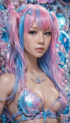 1girl,solo,long hair,breasts,looking at viewer,bangs,hair ornament,cleavage,bare shoulders,twintails,jewelry,medium breasts,closed mouth,underwear,blue hair,swimsuit,upper body,pink hair,bikini,multicolored hair,small breasts,shiny,artist name,necklace,bra,blurry,black eyes,two-tone hair,two side up,lips,streaked hair,grey eyes,eyelashes,makeup,blurry background,realistic,nose,blue eyes,parted lips,gradient hair