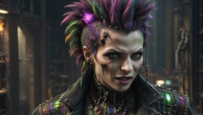 solo,looking at viewer,short hair,hair ornament,1boy,jewelry,green eyes,jacket,upper body,pink hair,purple hair,male focus,multicolored hair,earrings,parted lips,green hair,teeth,artist name,indoors,necklace,blurry,collar,two-tone hair,lips,black jacket,tattoo,makeup,depth of field,blurry background,chain,scar,piercing,lipstick,ear piercing,portrait,eyeshadow,freckles,realistic,nose,red lips,eyeliner,facepaint,purple lips,mascara,mohawk,cyberpunk,black lips,eyebrow piercing,1girl,feathers,spiked hair,feather hair ornament