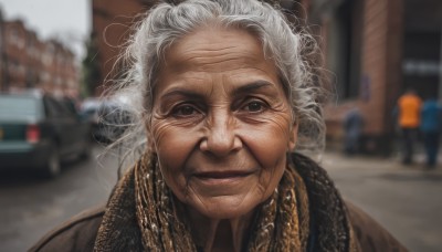 1girl,solo,looking at viewer,smile,1boy,closed mouth,upper body,white hair,male focus,outdoors,scarf,blurry,black eyes,lips,depth of field,blurry background,ground vehicle,messy hair,portrait,motor vehicle,realistic,car,old,old man,brown scarf,old woman,wrinkled skin,grey hair,day,parody,road