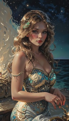 1girl,solo,long hair,breasts,looking at viewer,blush,brown hair,hair ornament,dress,cleavage,bare shoulders,brown eyes,jewelry,medium breasts,sitting,collarbone,earrings,outdoors,parted lips,sky,sleeveless,artist name,cloud,water,nail polish,mole,bracelet,lips,fingernails,makeup,night,sleeveless dress,blue dress,ocean,wavy hair,ring,lipstick,gem,star (sky),night sky,red nails,armlet,starry sky,freckles,gold trim,red lips,mole on cheek,large breasts,holding,shiny,looking to the side,eyelashes,watermark,moon,thick eyebrows,smoke,curly hair,nose,gold,mascara,brown nails