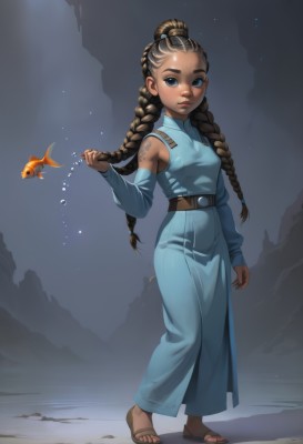 1girl,solo,long hair,breasts,looking at viewer,blue eyes,brown hair,dress,bare shoulders,closed mouth,standing,full body,braid,small breasts,detached sleeves,belt,dark skin,water,twin braids,dark-skinned female,lips,tattoo,toes,blue dress,sandals,forehead,fish,walking,bubble,underwater,nose,air bubble,holding hair,goldfish,dreadlocks,clownfish,black hair,holding,facial mark,thick eyebrows,long dress