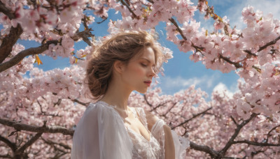 1girl, solo, breasts, short hair, blonde hair, brown hair, dress, cleavage, medium breasts, closed eyes, upper body, flower, outdoors, parted lips, sky, day, white dress, blurry, tree, blue sky, lips, cherry blossoms, realistic, nose, branch