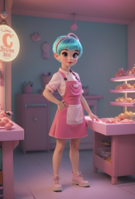 1girl,solo,looking at viewer,smile,short hair,bangs,skirt,shirt,brown eyes,jewelry,blue hair,standing,full body,white shirt,short sleeves,hairband,earrings,food,shoes,puffy sleeves,indoors,blunt bangs,blurry,black eyes,apron,puffy short sleeves,lips,aqua hair,makeup,blurry background,lipstick,sneakers,pink skirt,hand in pocket,pink footwear,pink hairband,shop,pink apron,dress,ahoge,parted lips,collared shirt,fruit,watermark,pink shirt,red lips