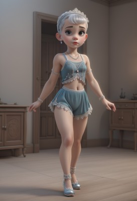 1girl,solo,breasts,looking at viewer,short hair,blue eyes,skirt,navel,bare shoulders,jewelry,closed mouth,standing,full body,braid,white hair,grey hair,earrings,small breasts,shoes,midriff,indoors,miniskirt,necklace,nail polish,flat chest,bracelet,lips,blue skirt,grey eyes,tiara,child,armlet,pendant,freckles,blue footwear,door,female child,brown eyes