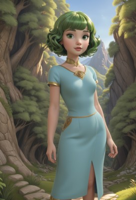 tatsumaki,1girl,solo,breasts,looking at viewer,smile,short hair,bangs,dress,jewelry,closed mouth,green eyes,standing,collarbone,short sleeves,small breasts,outdoors,green hair,sky,choker,day,artist name,blunt bangs,tree,blue sky,lips,fingernails,feet out of frame,blue dress,grass,nature,side slit,forest,curly hair,rock,long dress,arms at sides,flipped hair,neck ring,gold choker