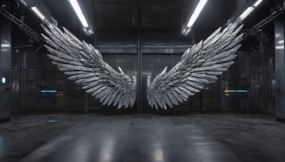 wings,indoors,no humans,window,scenery,feathered wings,science fiction,angel wings,white wings,tiles,light,tile floor,ceiling,hallway,ceiling light,reflective floor,1girl,solo,white hair,door,angel,wide shot,multiple wings