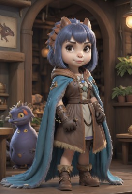 1girl,solo,looking at viewer,smile,short hair,bangs,gloves,dress,animal ears,brown eyes,jewelry,closed mouth,blue hair,standing,full body,boots,belt,indoors,necklace,cape,fur trim,brown footwear,table,plant,child,cloak,brown gloves,pendant,clenched hands,fantasy,potted plant,blue cape,leather gloves,artist name,lips,thick eyebrows,lantern,wooden floor,lamp,leather