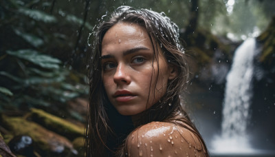 1girl, solo, long hair, looking at viewer, blue eyes, brown hair, black hair, outdoors, parted lips, water, blurry, lips, wet, blurry background, portrait, freckles, realistic, nose, wet hair