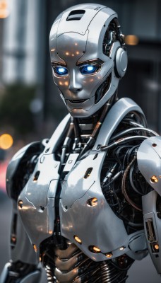 1girl,solo,looking at viewer,smile,blue eyes,upper body,blurry,blurry background,glowing,robot,mecha,glowing eyes,1other,science fiction,android,joints,cable,cyborg,robot joints,mechanical parts,humanoid robot,no humans