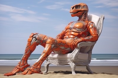 solo,1boy,sitting,full body,male focus,outdoors,sky,day,cloud,water,blue sky,no humans,ocean,chair,beach,helmet,robot,mecha,science fiction,realistic,sand,horizon,alien,1other,power armor