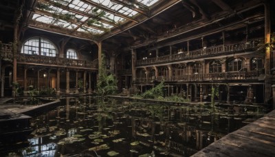 day,artist name,indoors,water,tree,dutch angle,no humans,window,bird,sunlight,plant,building,scenery,light rays,lantern,stairs,architecture,ruins,bridge,pillar,lily pad,arch,moss,train station,overgrown,fantasy,vines