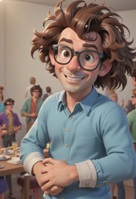 looking at viewer,smile,short hair,multiple girls,brown hair,shirt,long sleeves,1boy,brown eyes,sitting,upper body,male focus,food,multiple boys,glasses,teeth,solo focus,collared shirt,indoors,grin,blurry,cup,buttons,blurry background,facial hair,table,own hands together,blue shirt,messy hair,child,6+boys,black-framed eyewear,curly hair,pocket,realistic,breast pocket,male child,old,chair,thick eyebrows,desk