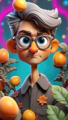 solo,looking at viewer,short hair,blue eyes,shirt,1boy,closed mouth,upper body,flower,grey hair,male focus,glasses,collared shirt,blurry,fruit,frown,leaf,blue background,thick eyebrows,plant,child,grey shirt,pocket,breast pocket,male child,mushroom,brown hair,food,artist name,watermark,black-framed eyewear,serious,branch