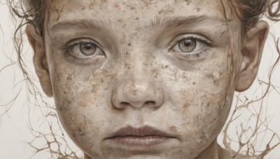 1girl,solo,looking at viewer,short hair,simple background,brown hair,1boy,white background,brown eyes,closed mouth,male focus,lips,eyelashes,portrait,close-up,freckles,realistic,dirty,eye focus