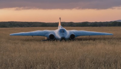 outdoors,sky,cloud,military,no humans,grass,scenery,sunset,mountain,aircraft,military vehicle,airplane,field,vehicle focus,dusk,hill,evening,jet,fighter jet