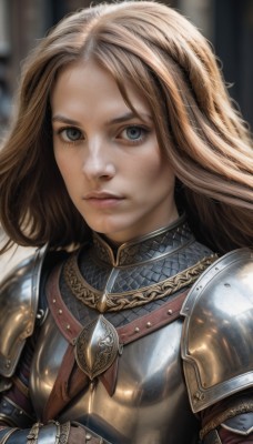 1girl,solo,long hair,looking at viewer,blue eyes,blonde hair,brown hair,closed mouth,upper body,armor,blurry,lips,grey eyes,blurry background,shoulder armor,gauntlets,pauldrons,breastplate,realistic,nose,knight,chainmail,plate armor,forehead,freckles