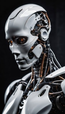 1girl,solo,simple background,upper body,parted lips,blurry,lips,orange eyes,no humans,robot,black background,portrait,1other,science fiction,realistic,android,joints,cable,cyborg,robot joints,cyberpunk,mechanical parts,humanoid robot,looking at viewer,from side,glowing,close-up,machinery