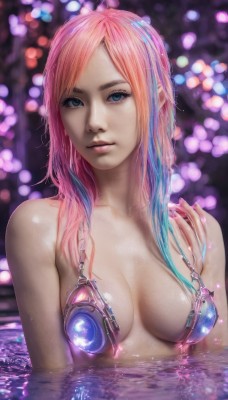 1girl,solo,long hair,breasts,looking at viewer,blue eyes,cleavage,bare shoulders,medium breasts,blue hair,collarbone,swimsuit,upper body,pink hair,bikini,multicolored hair,parted lips,shiny,artist name,water,blurry,lips,wet,depth of field,blurry background,watermark,breasts apart,web address,partially submerged,realistic,nose,pool,wet hair,bangs,closed mouth,nude,signature,nail polish,orange hair,fingernails,parted bangs,eyelashes,gradient hair,science fiction,bokeh