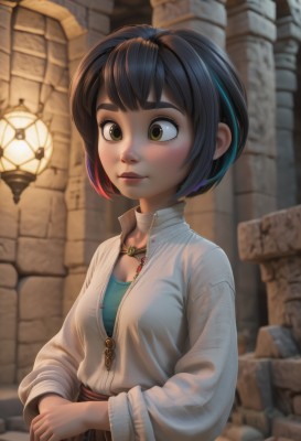 1girl,solo,breasts,blush,short hair,bangs,shirt,black hair,long sleeves,cleavage,brown eyes,jewelry,closed mouth,yellow eyes,white shirt,upper body,multicolored hair,small breasts,necklace,blurry,lips,blurry background,bob cut,own hands together,blue shirt,freckles,lantern,nose,brown hair,medium breasts,green eyes,blue hair,choker,eyelashes,thick eyebrows,zipper