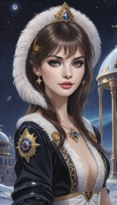 1girl,solo,long hair,breasts,looking at viewer,smile,bangs,brown hair,hair ornament,cleavage,brown eyes,jewelry,medium breasts,collarbone,jacket,upper body,earrings,outdoors,parted lips,open clothes,sky,hood,necklace,star (symbol),lips,fur trim,eyelashes,makeup,night,moon,crown,lipstick,gem,star (sky),night sky,snow,starry sky,nose,red lips,eyeliner,castle,mascara,dress,small breasts,artist name,staff,realistic