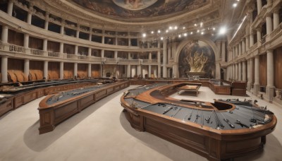 indoors,no humans,shadow,chair,table,instrument,scenery,wooden floor,stairs,clock,light,architecture,pillar,ceiling,carpet,ceiling light,chandelier,multiple boys,science fiction,6+boys,fantasy,spacecraft