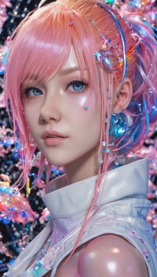 1girl,solo,long hair,looking at viewer,bangs,blue eyes,hair ornament,bare shoulders,jewelry,upper body,ponytail,pink hair,sidelocks,earrings,parted lips,sleeveless,shiny,blurry,lips,eyelashes,makeup,swept bangs,gem,portrait,crystal,realistic,nose,blue gemstone,multicolored hair,artist name,necklace,star (symbol),from side,gradient hair,blurry background,watermark,crescent,close-up,beads,crescent hair ornament