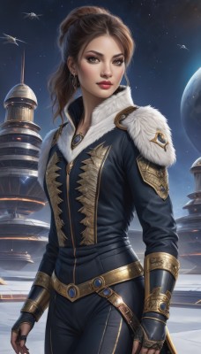 1girl,solo,long hair,looking at viewer,brown hair,gloves,brown eyes,jewelry,standing,ponytail,cowboy shot,earrings,sky,belt,pants,signature,fingerless gloves,lips,fur trim,makeup,night,bird,lipstick,star (sky),night sky,starry sky,gold trim,realistic,aircraft,nose,arms at sides,red lips,space,planet,spacecraft,airship,artist name,nail polish,bodysuit,black nails,eyeshadow,earth (planet)